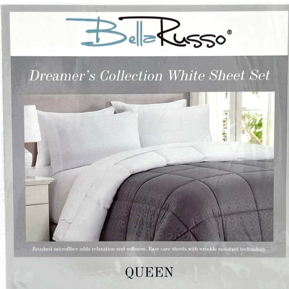 Bella Russo White Microfiber Queen Sheet Set New in Package Flat Fitted 2 Pillow